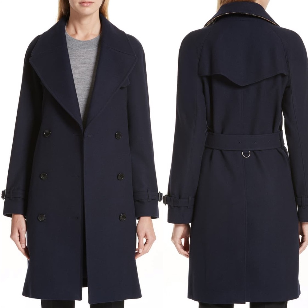 Burberry Cranston Wool Blend Trench Coat in Navy